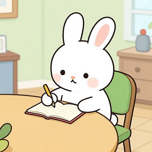 Cute white cartoon bunny with pink ears writes in an open book at a wooden table in a brightly lit room. Digital art, pastel colors,