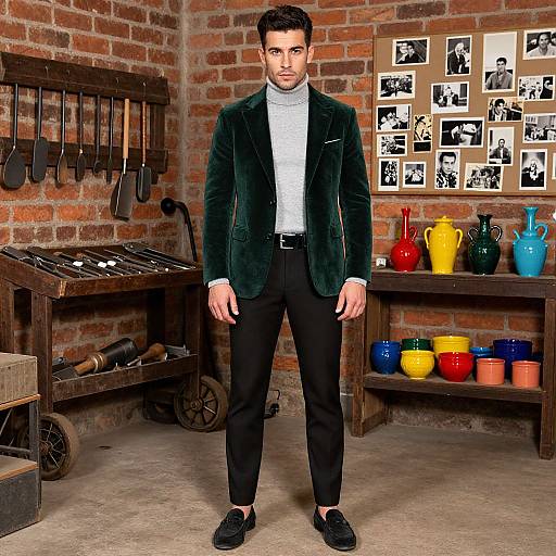 Photograph of a handsome man in a dark green velvet blazer, white turtleneck, black pants, and loafers, standing in a rustic