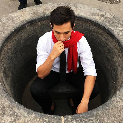 Man in Well with Red Scarf Photo
