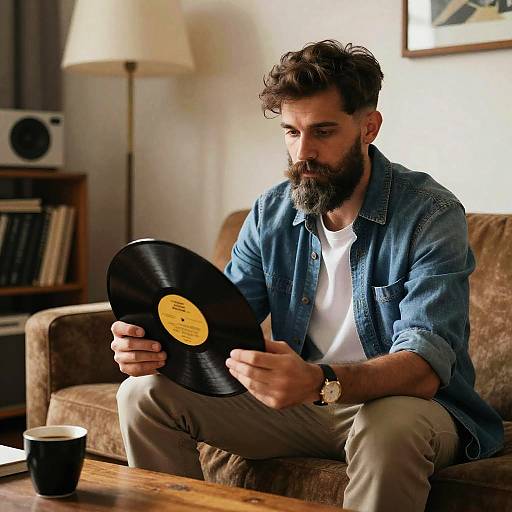 Photograph of bearded man with brown hair, wearing blue denim shirt and white tee, examining black vinyl record on brown sofa.