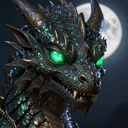 Digital artwork of a fierce, black-scaled dragon with glowing green eyes, sharp horns, and intricate blue-green gem-like scales, against a dark night