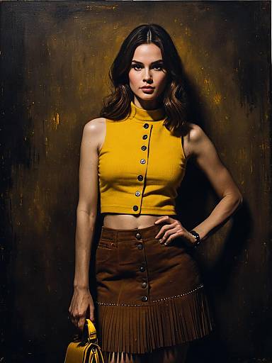 Fashionable Woman in Yellow Crop Top and Brown Fringe Skirt