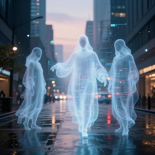 Digital CGI of three translucent, glowing blue human figures walking on a wet, reflective urban street at night, with neon lights and blurred cityscape in the