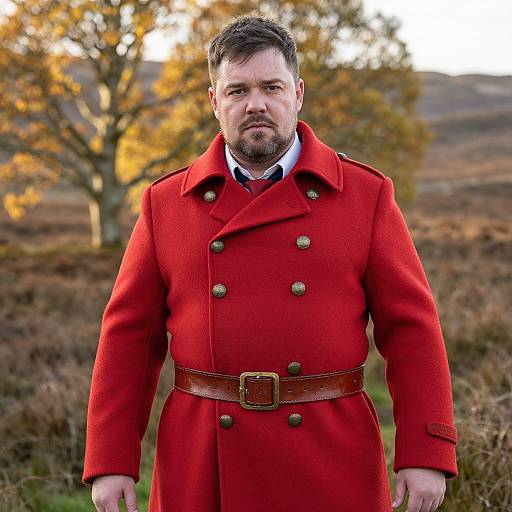 Photograph of a bearded man in a vibrant red double-breasted coat with brown belt, standing in an autumnal field with golden trees in the