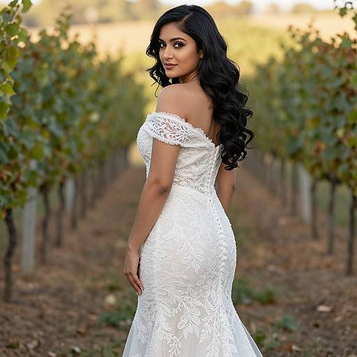 Photograph of a curvy South Asian woman with long black hair in an off-shoulder white lace wedding dress, standing in a vineyard.