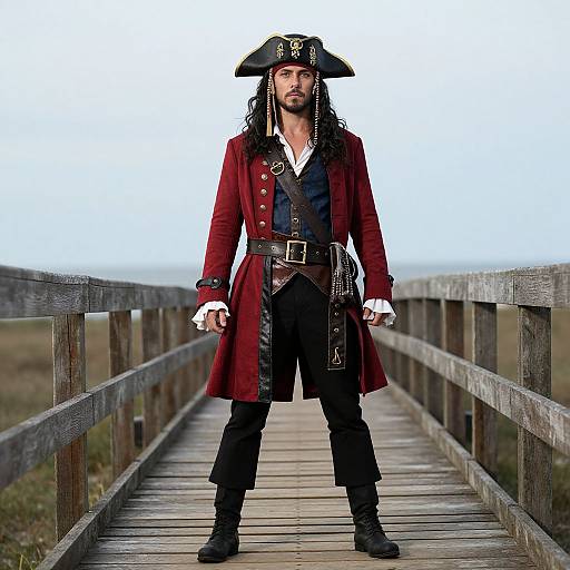 Photograph of a rugged pirate with long black hair, beard, wearing a red coat, black tricorn hat, standing on wooden bridge.