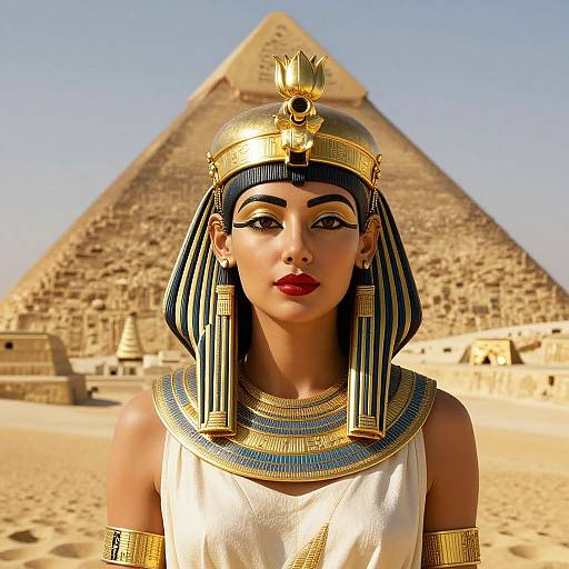 Digital artwork of an Egyptian queen with dark blue-black striped headdress, gold crown, and red lipstick, standing before the Pyramid of Giza.