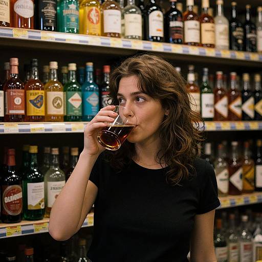 Photograph of a young woman with wavy brown hair, wearing a black shirt, sipping whiskey from a glass in a liquor store, surrounded by