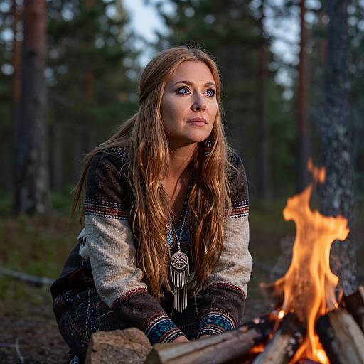 Photograph of a young Caucasian woman with long brown hair, wearing a patterned sweater, gazing at a campfire in a forest.