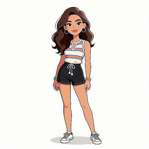 Digital illustration of a smiling young woman with long brown hair, wearing a white striped top, black shorts, and white sneakers. She has hoop earrings,