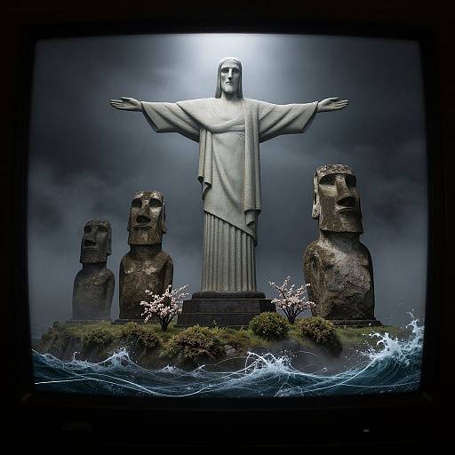 Photorealistic digital artwork of Jesus statue with outstretched arms, flanked by two Moai statues, amidst crashing waves and cherry blossoms,