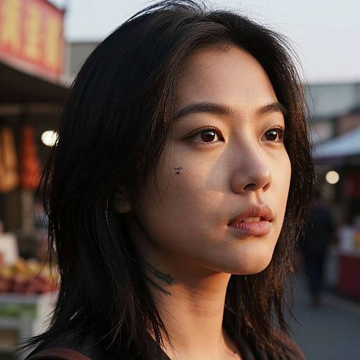 Photograph of an Asian woman with black hair, subtle makeup, and small facial tattoos, standing in a sunlit market street.