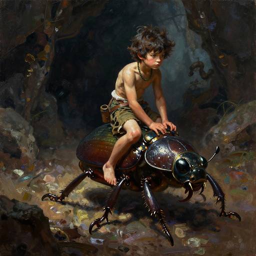 Brave Boy Riding Armored Beetle