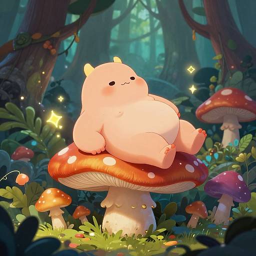 Cute pink, chubby bear-like creature sitting on red mushroom in enchanted forest with glowing fireflies and colorful mushrooms. Digital art.