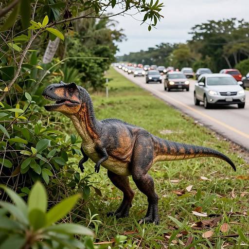 Photograph of a realistic, detailed dinosaur model standing on grass beside a busy road, surrounded by green foliage and cars.
