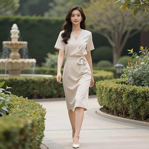 Elegant Woman Walking in Garden