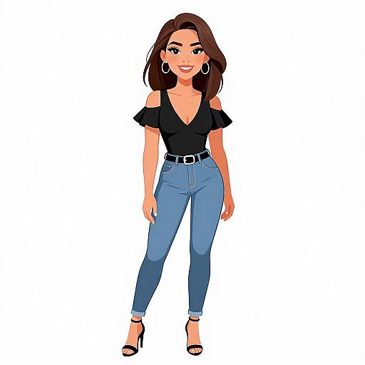 Digital illustration of a smiling woman with medium skin tone, brown hair, wearing a black off-shoulder top, high-waisted blue jeans,