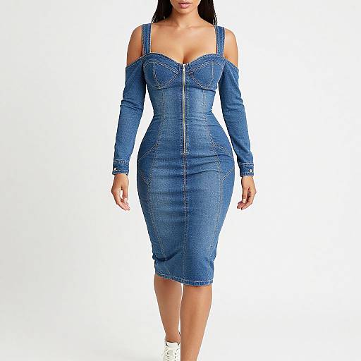 Photograph of a woman with long dark hair, wearing a form-fitting, off-the-shoulder, blue denim dress with long sleeves, standing