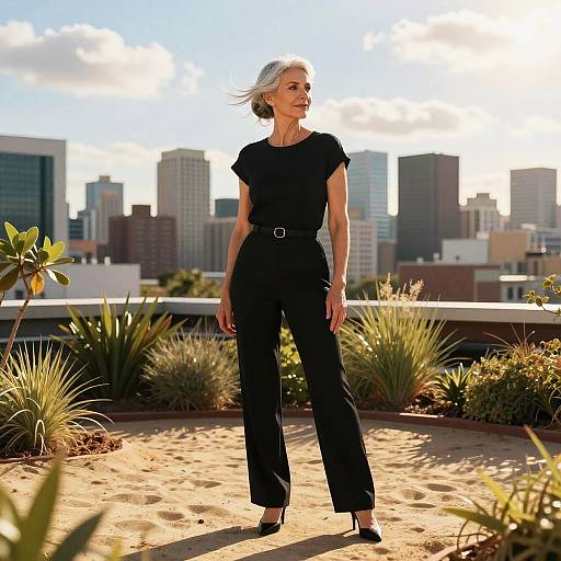 Photograph of a silver-haired woman in black pantsuit and heels, standing on a rooftop with cityscape and plants in background.