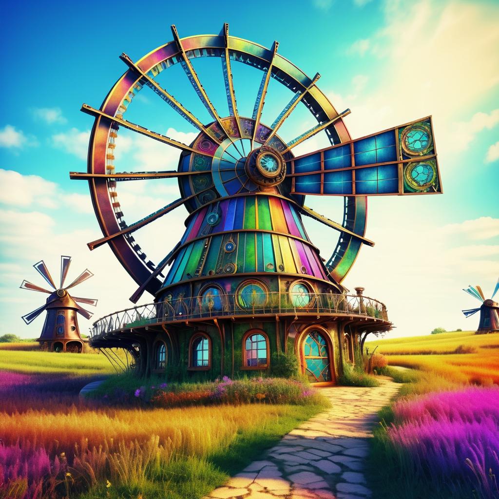 Vibrant Steampunk Windmill in Fantasy Landscape