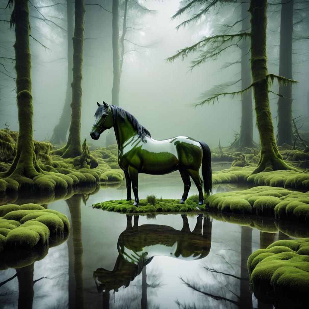 Mystical Bronze Horse in Forest Pond