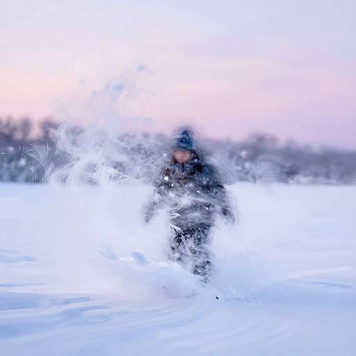Photograph of a person in a blue winter hat splashing through a snowy field at sunset, with blurred, frothy snowflakes surrounding them.