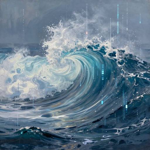 Digital painting of a dynamic, blue-turquoise ocean wave with white foam, featuring vertical light blue lines and dots, blending realistic wave textures with futuristic