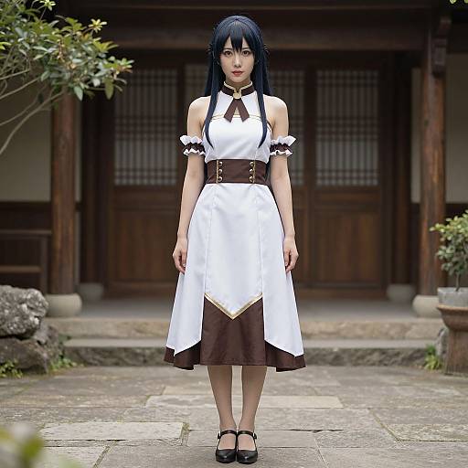 Digital anime-style photograph of a young woman with black hair, wearing a white and brown traditional Japanese maid outfit, standing in front of a wooden shrine.