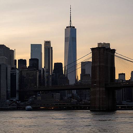 Photograph of New York City skyline at sunset, featuring the One World Trade Center, silhouetted against a yellow-orange sky, with the Brooklyn