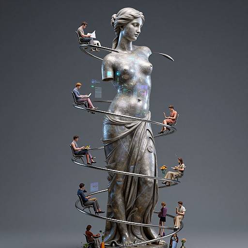 Digital artwork: Giant, glowing, metallic statue of a classical woman with small, colorful, miniature people sitting on metallic spirals around her. Dark gradient