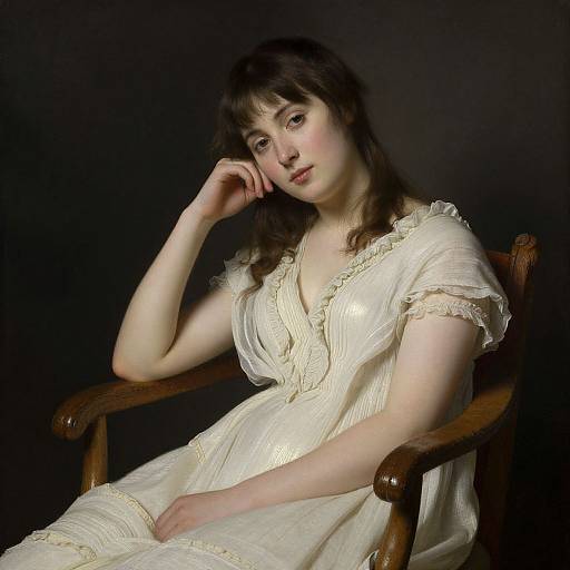 Photograph of a pale-skinned woman with brown hair, wearing a white, lace-trimmed dress, seated in a wooden chair against a dark