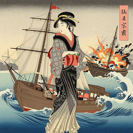 Ukiyo-e-style woodblock print of a Japanese woman in a kimono standing on turbulent water beside a burning ship with sails.