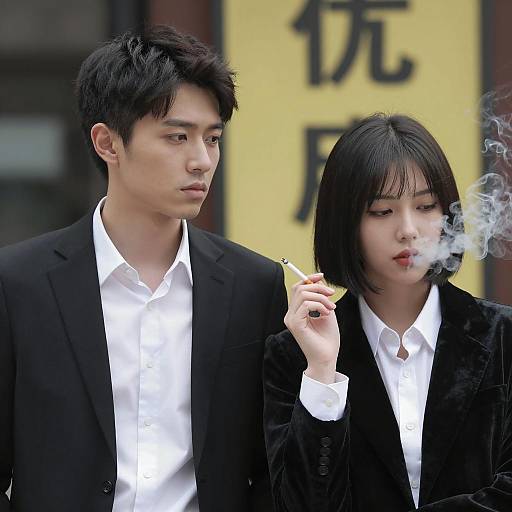 Serious Young Asian Couple Smoking