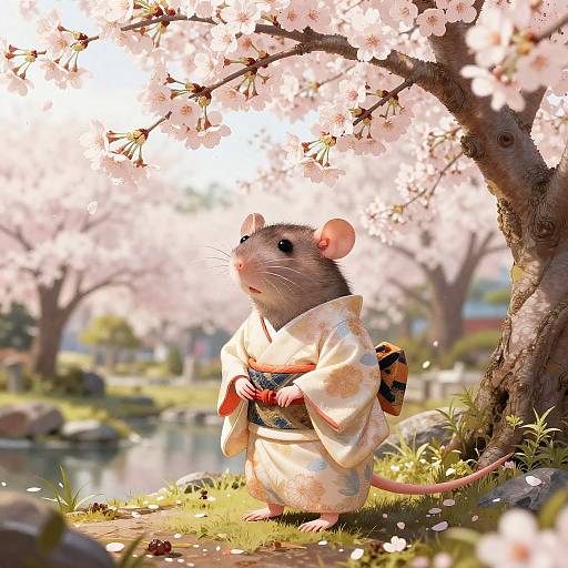 Rats in Kimonos Amid Cherry Blossoms