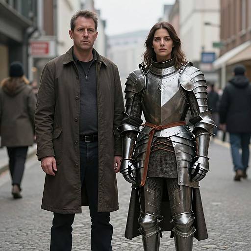 Photograph of a serious man in a brown coat beside a woman in shiny medieval armor with a red belt, standing on a cobblestone street with