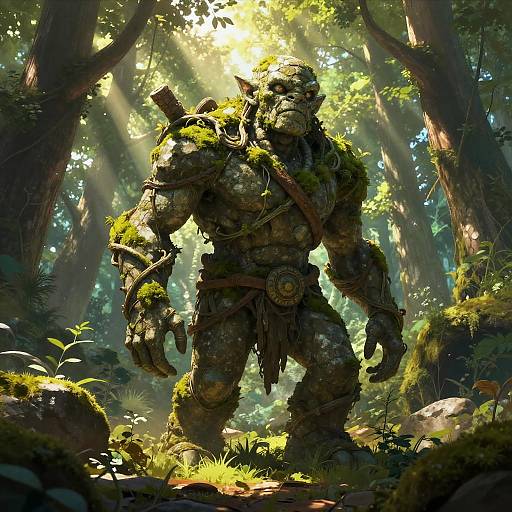 Digital fantasy artwork of a moss-covered, muscular orc warrior standing in a sunlit forest, with sunlight streaming through tall trees.