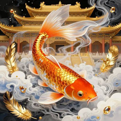 Surreal Golden Koi in Flight