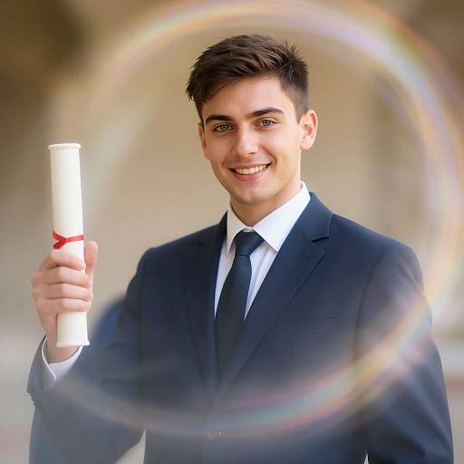 Photograph of a smiling young man with short brown hair, wearing a black suit and tie, holding a rolled-up diploma with a red ribbon, surrounded