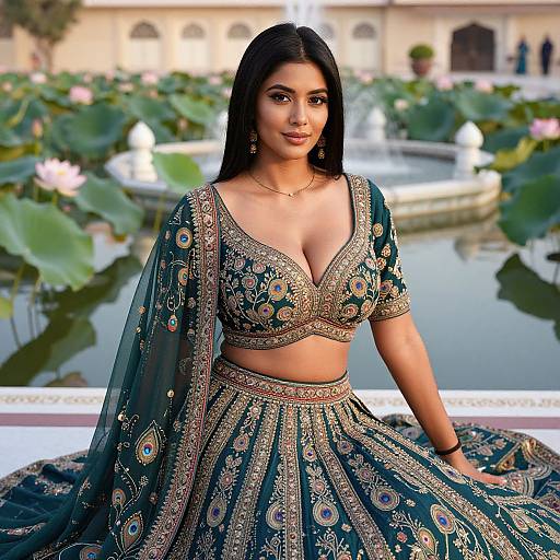 Photorealistic digital art of a beautiful South Asian woman with long black hair, wearing an ornate green and gold traditional lehenga and choli,