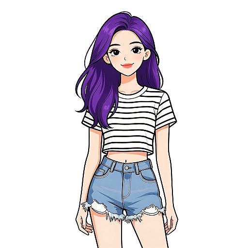 Digital anime-style drawing of a smiling young woman with long purple hair, wearing a striped crop top and frayed denim shorts.