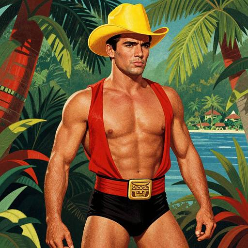 Digital illustration of a muscular man in a yellow cowboy hat, red vest, black briefs, and belt, standing amidst tropical palm trees and a blue