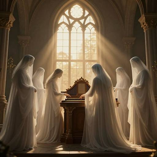 Photograph of ethereal, white-robed women in a Gothic cathedral, illuminated by golden sunlight through an arched window, gathered around an ornate