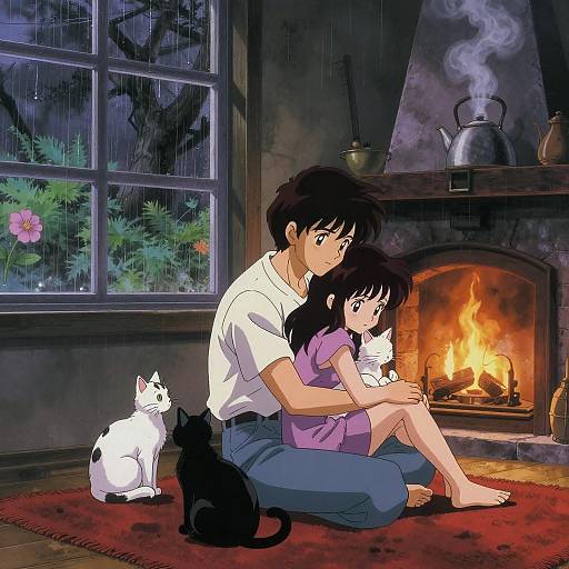 80s Style Anime Couple with Cats by Fireplace
