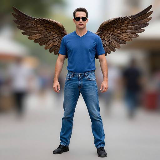 Photograph of a man in blue shirt and jeans with dark brown, feathered angel wings, wearing black sunglasses, standing in a blurred urban street.