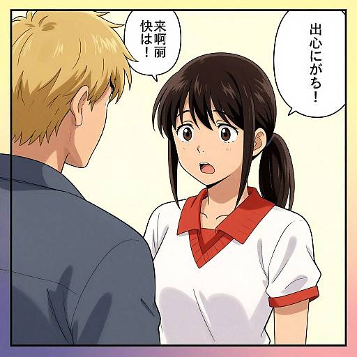 Anime-style drawing: A surprised black-haired girl with red collar on white shirt faces a blonde boy in blue shirt, Japanese speech bubbles.