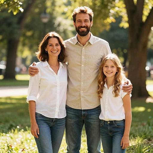 Photograph of a bearded man with brown hair, and a smiling woman with shoulder-length brown hair, and their blonde-haired daughter, all wearing white