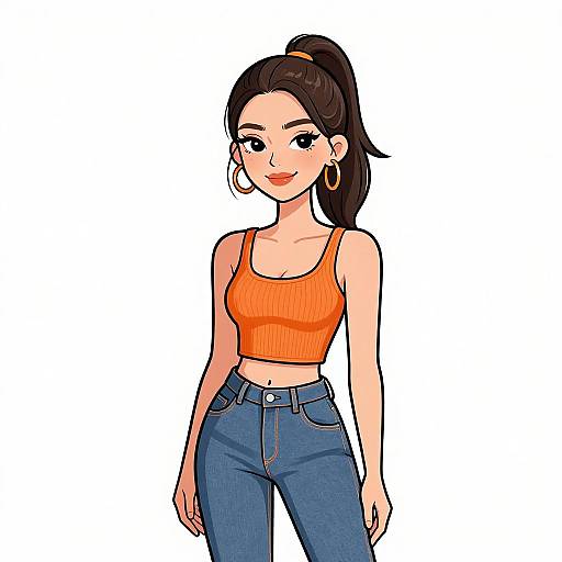 Digital illustration of a smiling woman with dark brown hair in a ponytail, wearing an orange crop top and blue jeans.