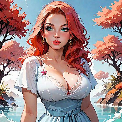 Red-haired Woman in White Dress by Water
