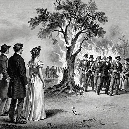 1880 Black-and-White Burning Tree Scene