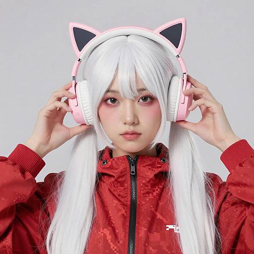 Young Woman with Pixel Jacket and Cat Headphones